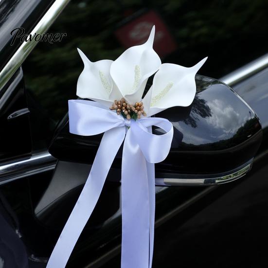Bridal Car Handle Accessories Calla Lily Wedding Door Decorative Flower, White Artificial Flower Bouquet Coordinated Motorcade Styling with