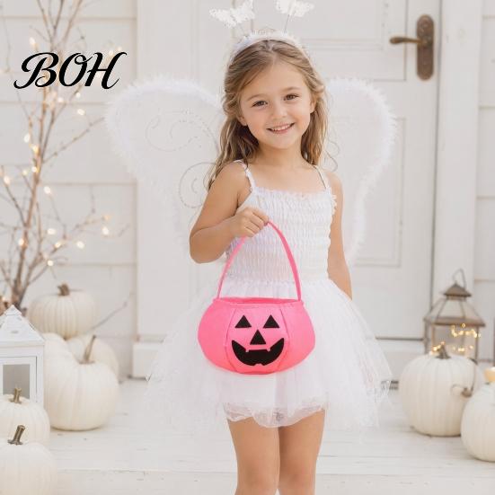 Halloween Party Decoration Pumpkin Candy Bag for Kids, Reusable Non-Woven Trick or Treat Bucket, Bucket Face Snack Holder Basket with Handle