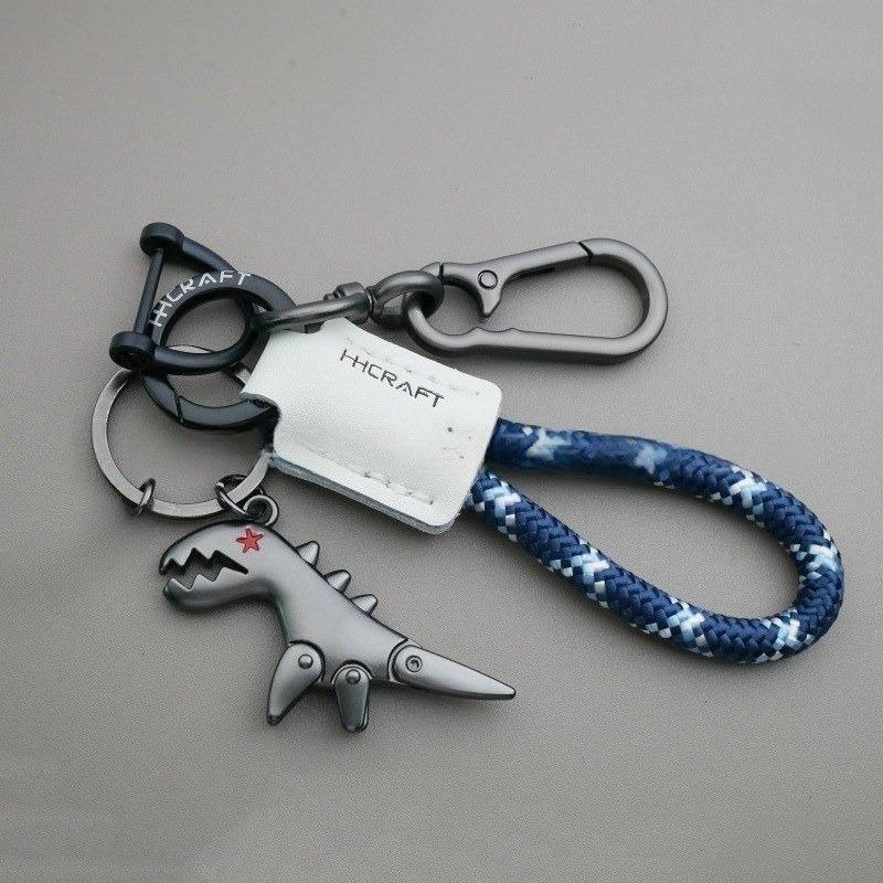 Premium Woven Leather Metal Dinosaur Keychain for Motorcycle Car Handbag Backpack Pendant Gift Accessories with Bracelet