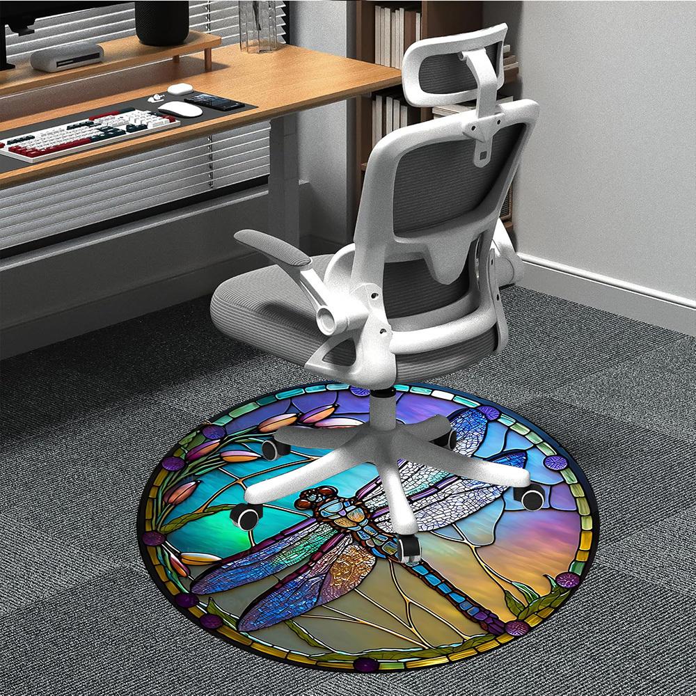 1PC Dragonfly StainedGlass Office Round Area Rug, Mat Suitable ForOffice, Under Office Chairs Bedroom Living Room Home Decor, Room Deco
