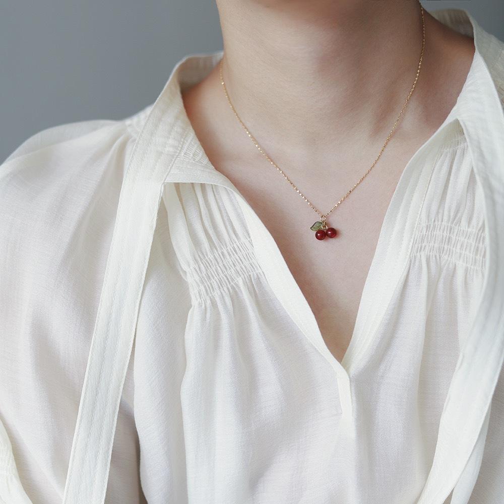 Cute Stainless Steel Cherry Necklace Earring Natural Stone Beads Pendant Chain Necklace Women's Fashion Wedding  Gift