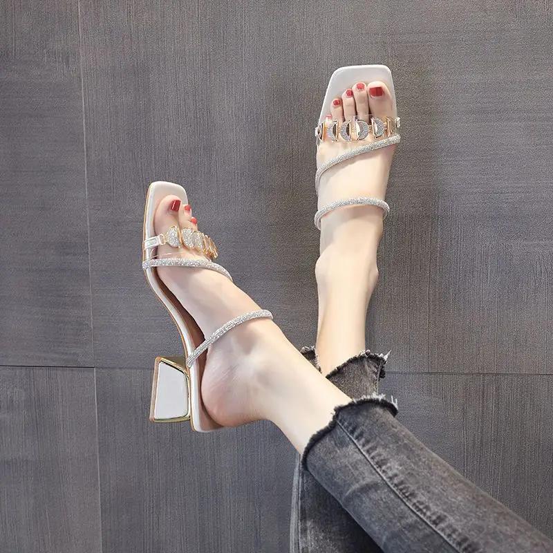 Fashion Outside Women's Slippers and Ladies Sandals Blue Heeled Slides Rhenstone Sexy Open Toe Indoor Job Shoes Luxury Casual W I Shoe Y
