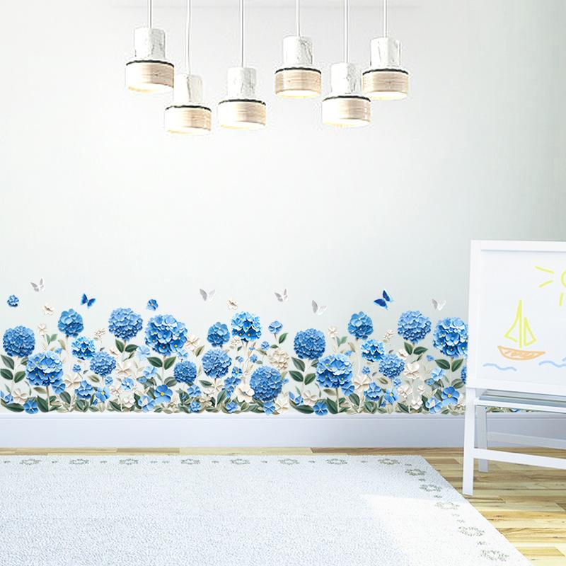 Removable Blue Rose Flowers Baseboard Wall Sticker for Bedroom Living Room Home Decoration