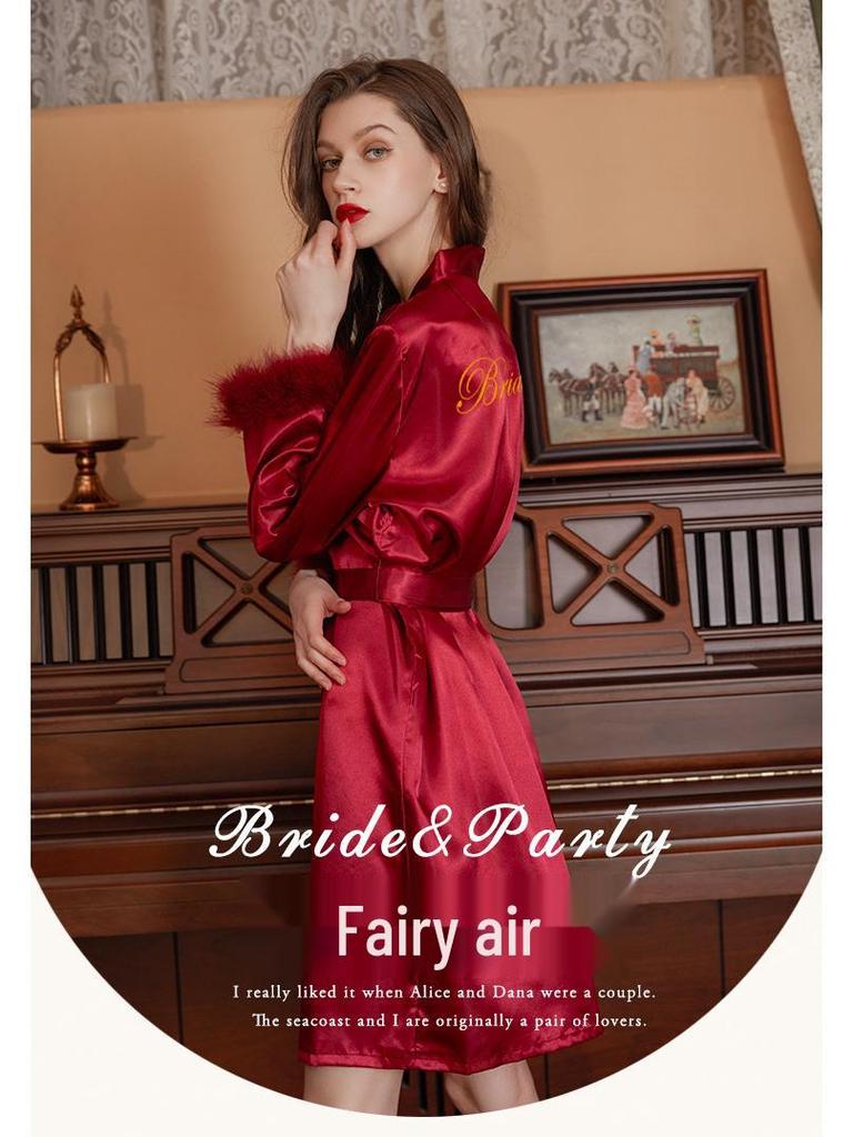 Bridal Feathered Satin Kimono Robe for Bridesmaids and Morning Prep