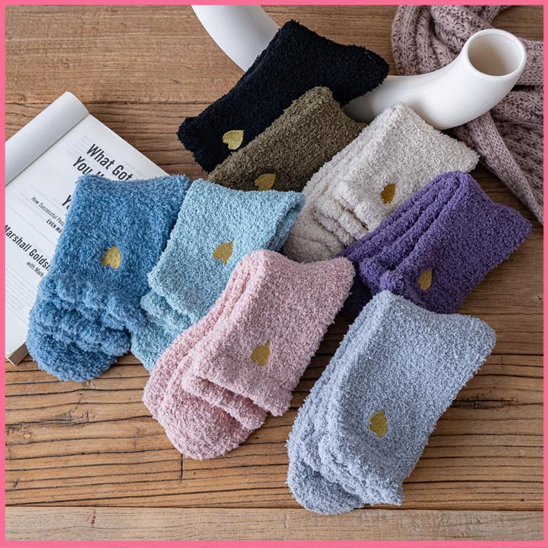 Home Indoor Cozy Floor Socks Winter Warm Soft Coral Fleece Socks Cute Heart Embroidery Thick Socks Fluffy Terry Short Sox Female