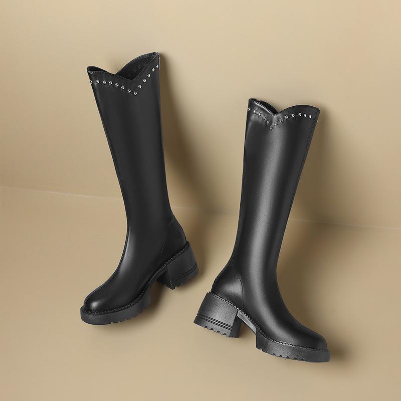 V-mouth Design Womens Boots High Quality Casual Leather Boots Fashion Thick Soled Knight Booties Outdoor Non Slip Platform Boots