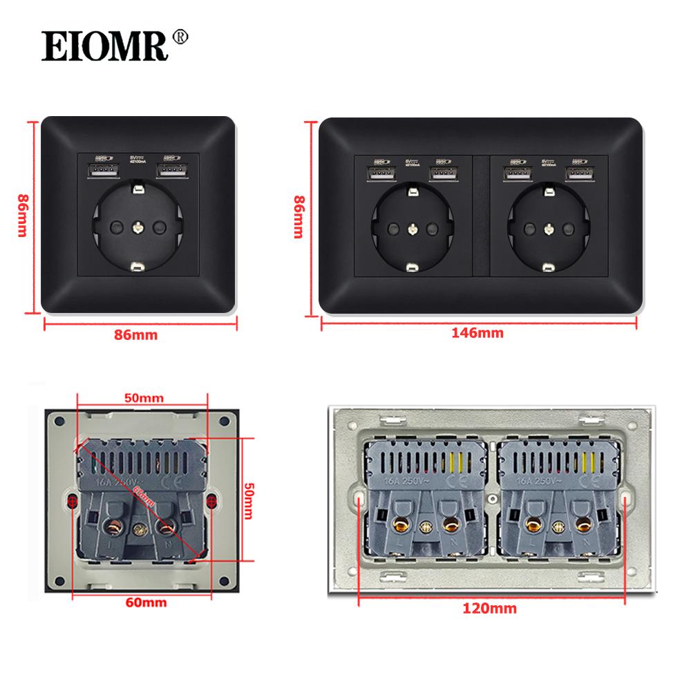 EIOMR EU Outlet with Usb Type-c Charging Port Black Curved Flame Retardant PC Panel 86mm Single Socket and 146mm Double Socket