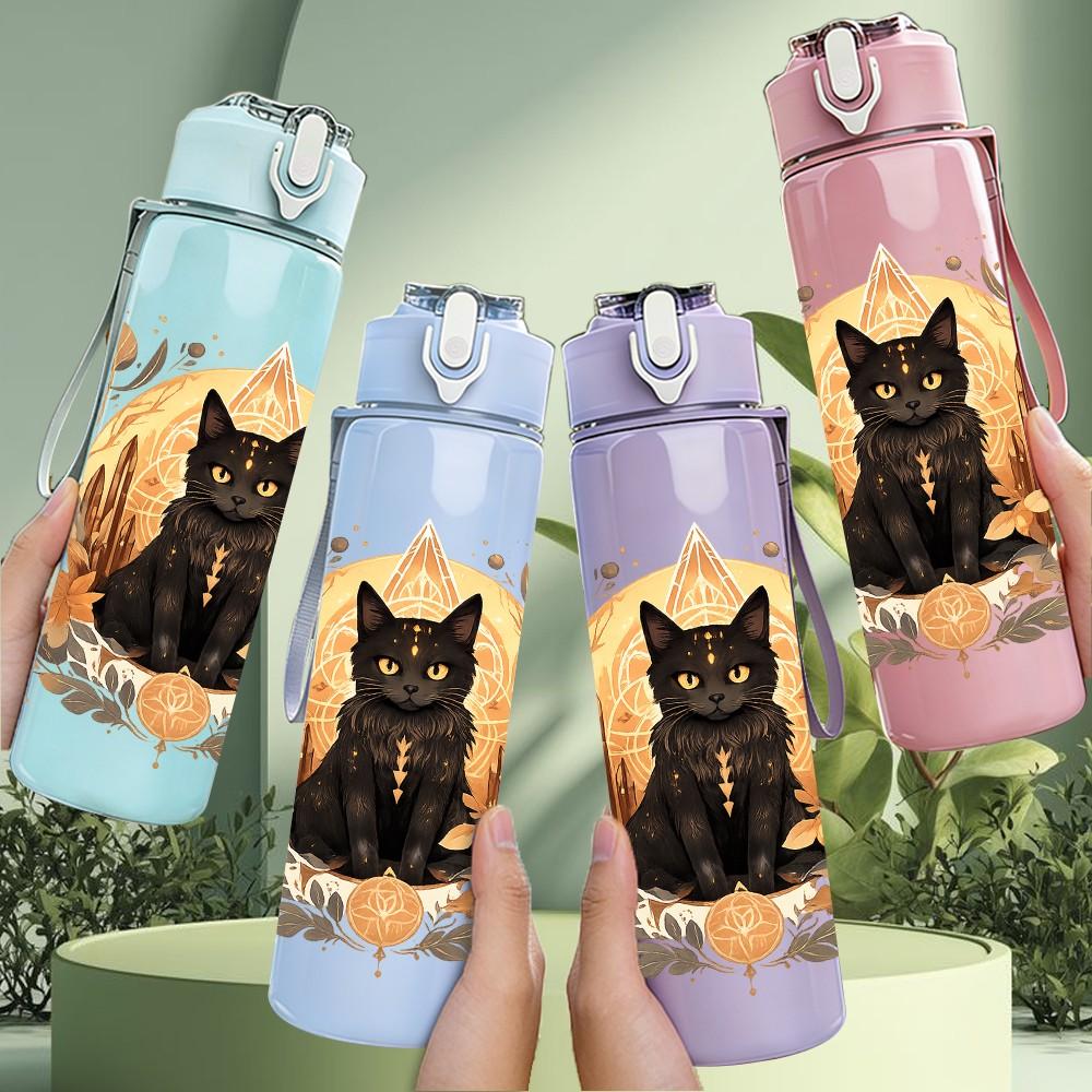 1PC Black Cat Vintage Decorative Print 750ml Color Plastic Sports Water Bottle Leakproof Flip Straw Lid Suitable for Sports Office Home Use