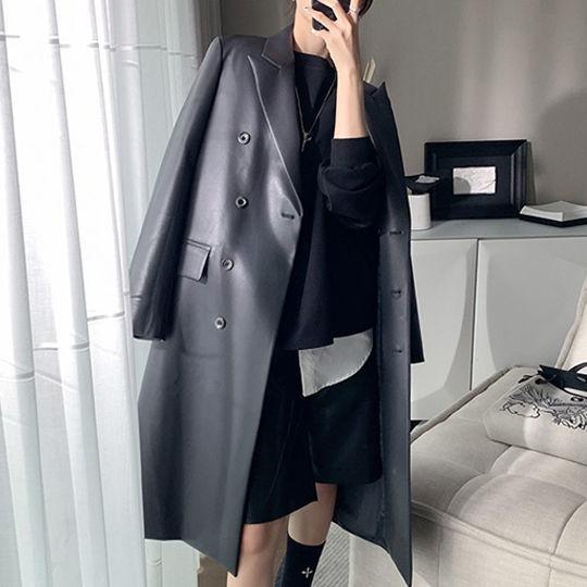 Autumn and winter new Haining imitation sheepskin leather jacket women's medium and long cotton suit collar leather trench coat jacket has large size