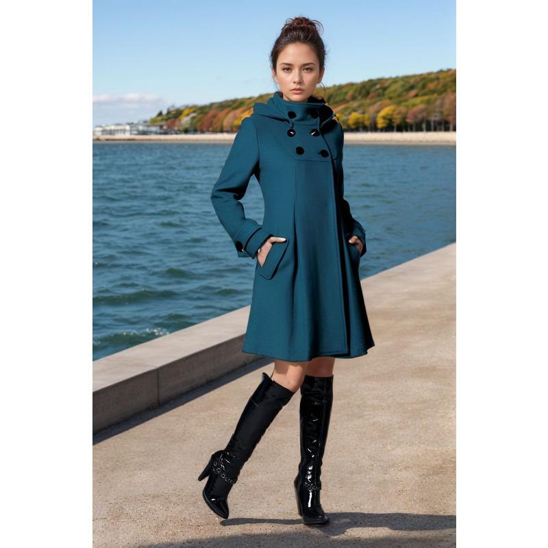 New Woolen Coat Women's Medium and Long Woolen Coat Hooded Double-breasted Cape Trench Coat