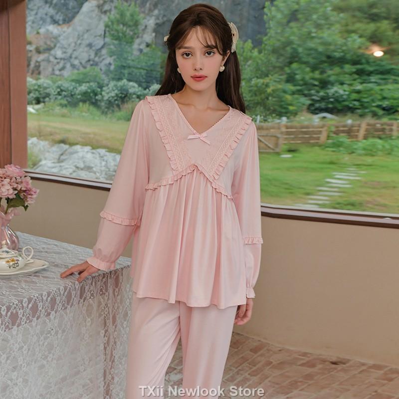Long Sleeve Pajamas Set French Lace Court Style Autumn Two-Piece Home Clothes Can Be Worn Externally