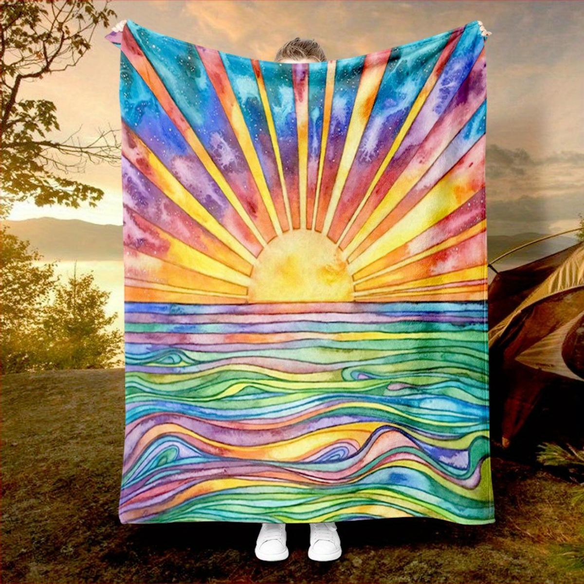 

1 Oil Painting Sunrise Landscape Print Flannel Blanket Suitable for beds sofas offices travel decorating chairs 75x100cm