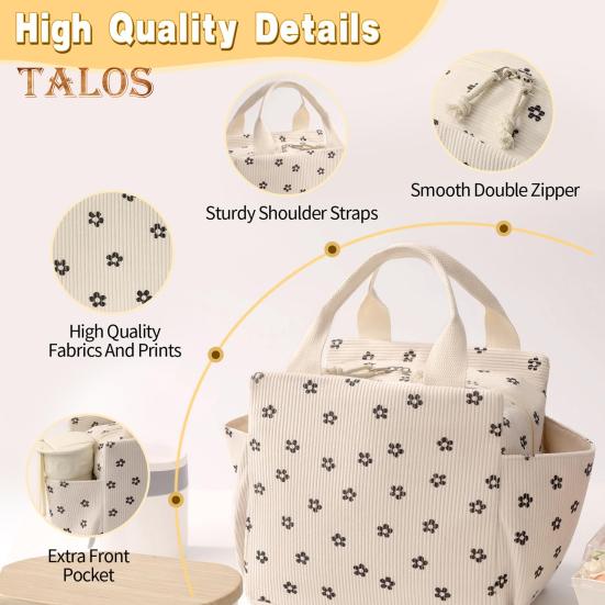 Corduroy Lunch Bag with Handle Waterproof Large Capacity Reusable Insulated Lunch Box Water Bottle Holder with Side Pockets