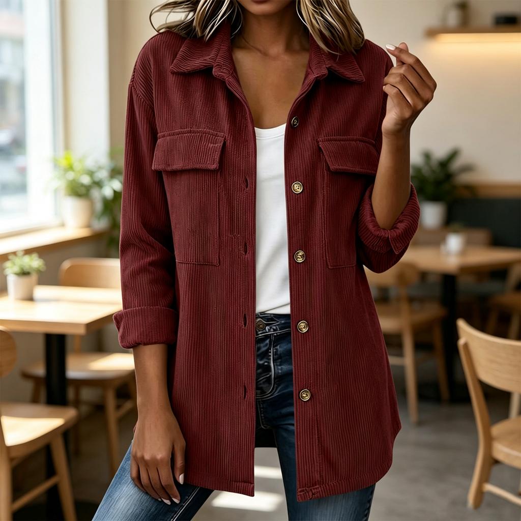 Women's loose corduroy button-down long-sleeved blouse with double pockets