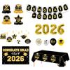 Graduation Party Decorations Kit for Class of 2026 Black Gold Theme Banner Backdrop Tablecloth Balloons Swirls