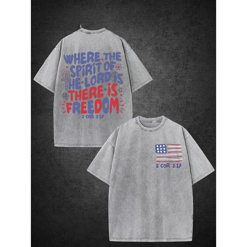 Men'S Short-Sleeve Shirt Made of Washed Featuring an American Flag Design And Religious Motifs, Double-Sided Retro Street Style Printing