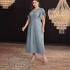 Plus Size Women Striped V Neck Sequined Patchwork Elegant Midi A Line Dress