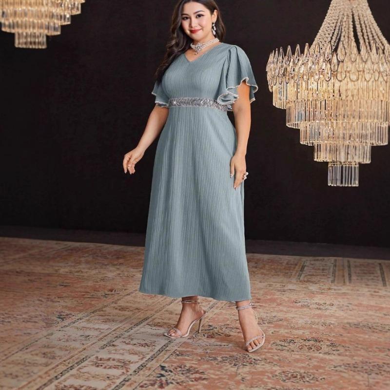 Plus Size Women Striped V Neck Sequined Patchwork Elegant Midi A Line Dress