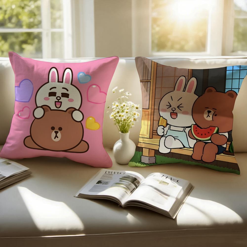 Cute Korean L-Line Friends Brown Bear And Cony Cushion Cover Pillowcase Short Plush Invisible Zipper Room Sofa Cushion Cover