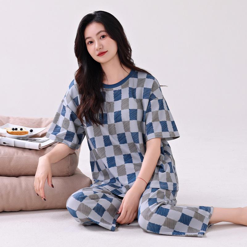 Pajamas women's summer pure cotton short-sleeved printed cropped pants thin cotton women's loungewear summer loose large size set