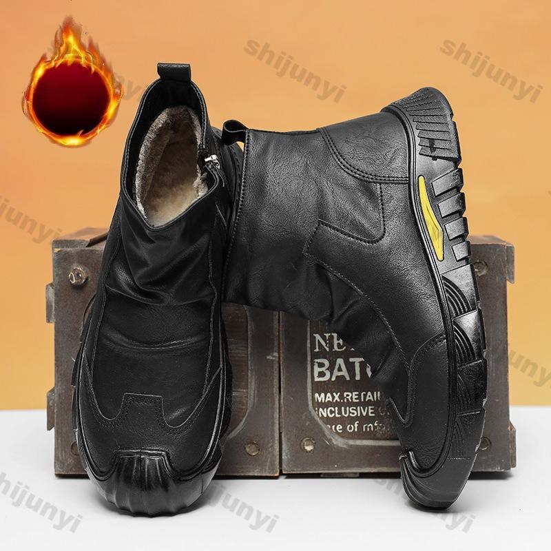 Fashion Men Short Boots Autumn Winter Fashion Non Slip Black Plush Thicken Chelsea Boots Comfortable Flat Non Slip Outdoor Casual Shoes