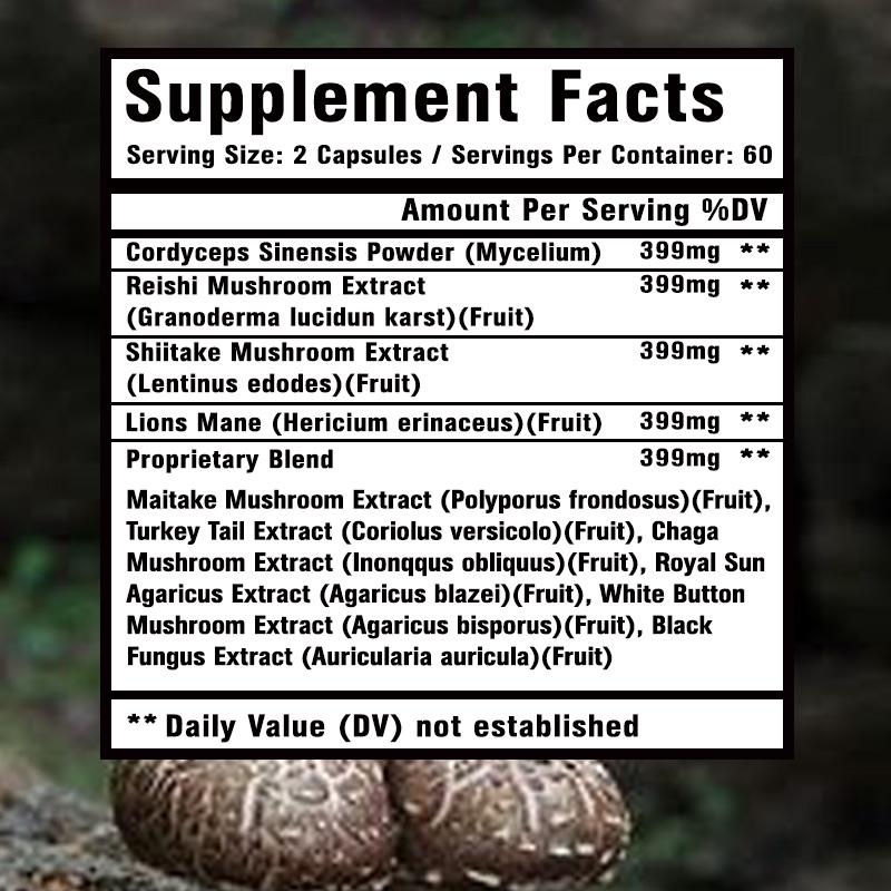 XEMENRY capsules containing 10 kinds of complex mushroom extracts, 1995mg, for immune health, suitable for adults.
