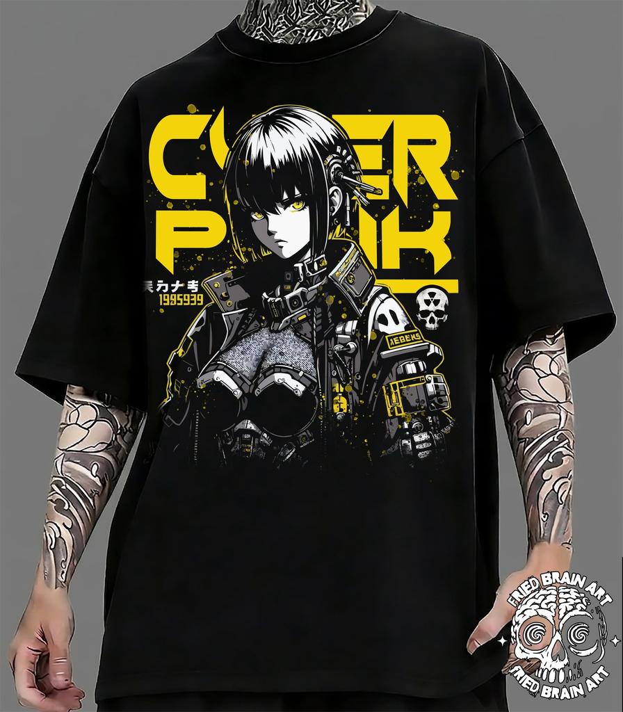 Cyberpunk Anime Girl T-Shirt: Futuristic Robot Design