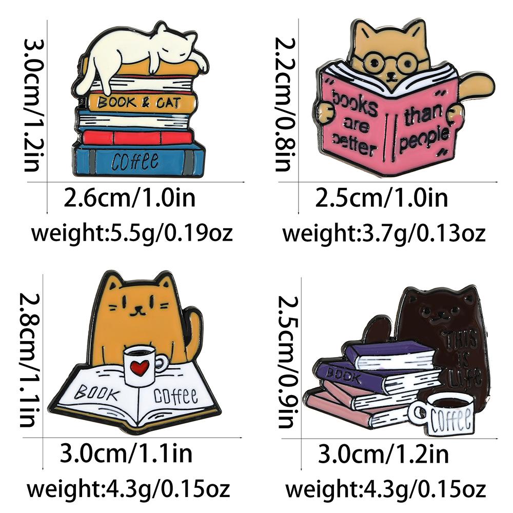 4 Styles Cute Cat &Book And Coffee Design Enamel Brooches Kitten Kitty Reading Drinking Enamel Pins For Pet Lovers Gif T