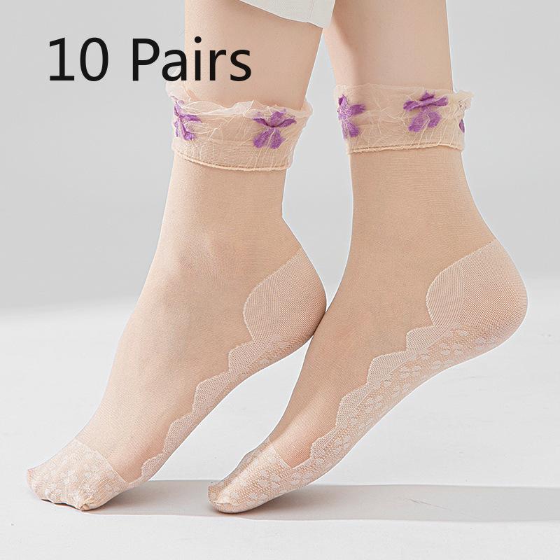 10 Pairs of Women's Summer Thin Floral Lace Cotton Bottom Loose Mouth Breathable Non Slip Socks