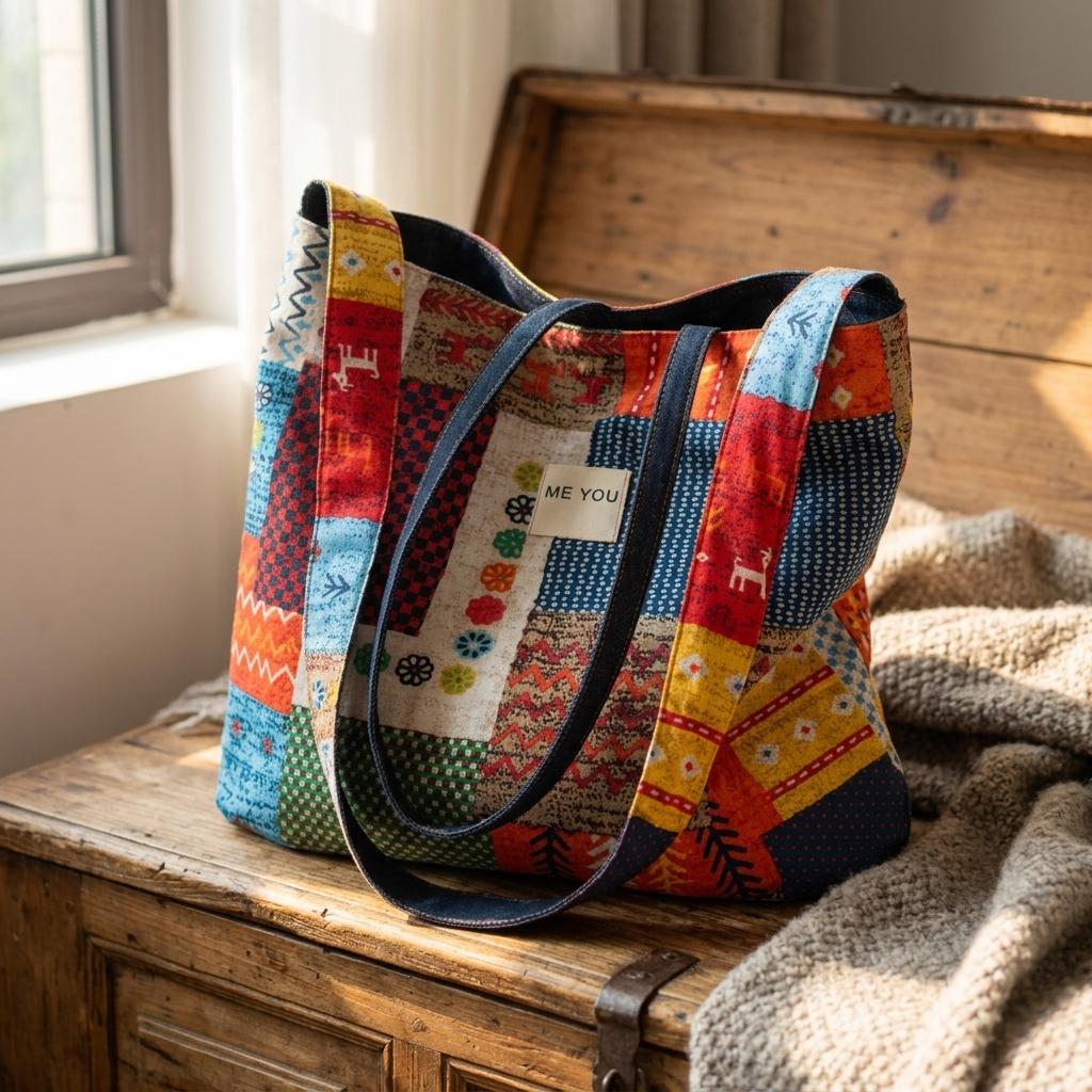 Double-Sided Bohemian Denim Canvas Tote Bag Vintage Contrast Color Commuter Handbag For Women