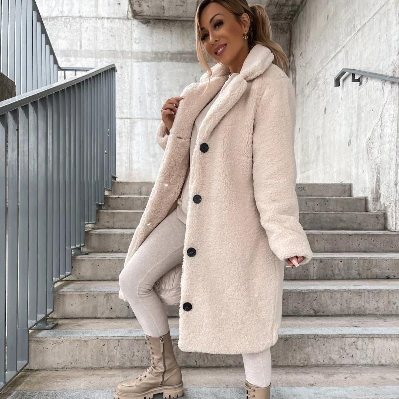 

Осенне-зимняя толстая женская куртка с длинным рукавом и лацканами, большие размеры, плюшевые флисовые теплые длинные пальто, женские свободные повседневные однотонные женские куртки 24959 5XL абрикосовый