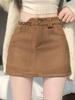 Retro Coffee Suede A-line Mini Skort for Women - Autumn/Winter High Waist Slimming Design