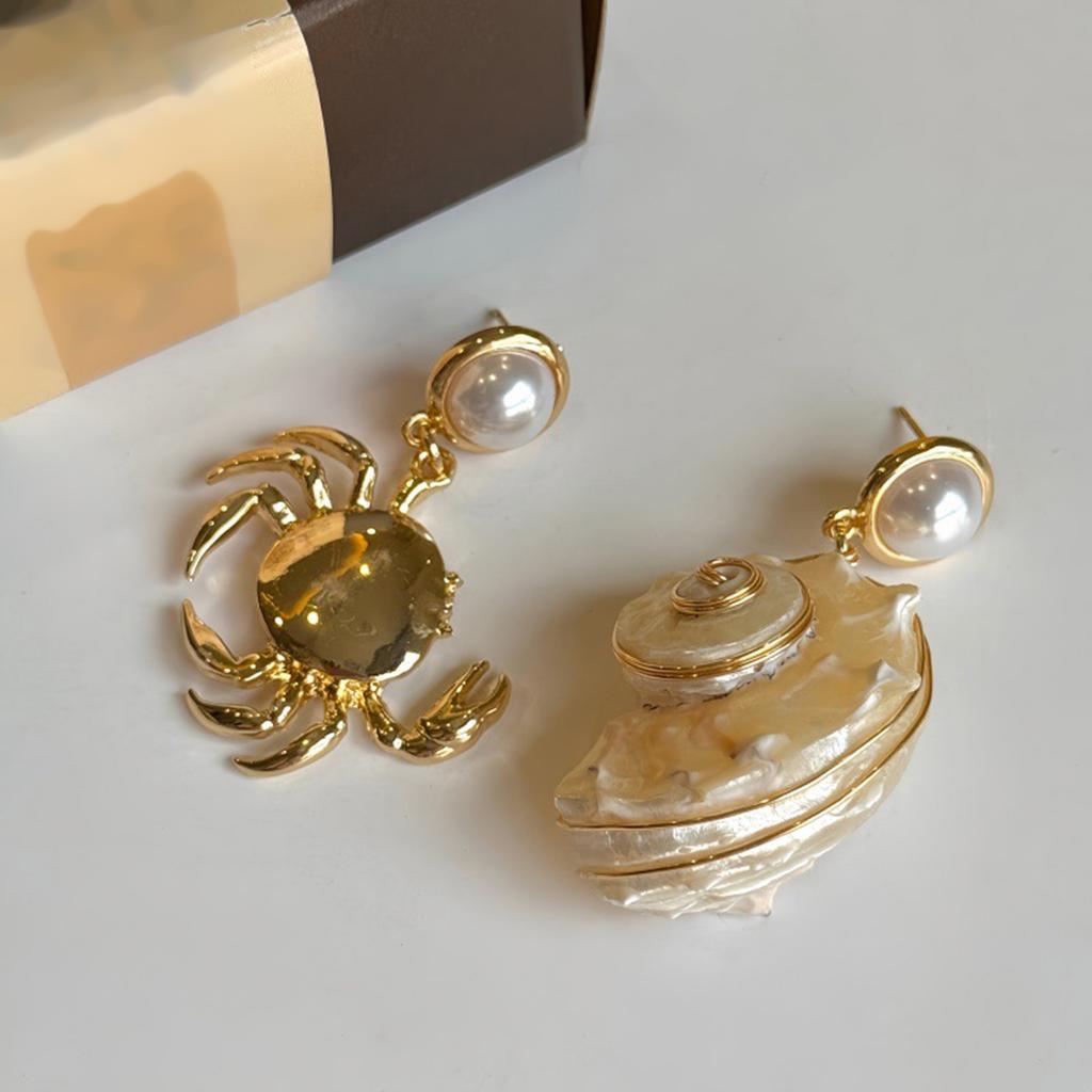Coastal Style Drop Earrings Shell And Crab Design Asymmetric Alloy Jewelry Versatile Vacation Ear Accessories