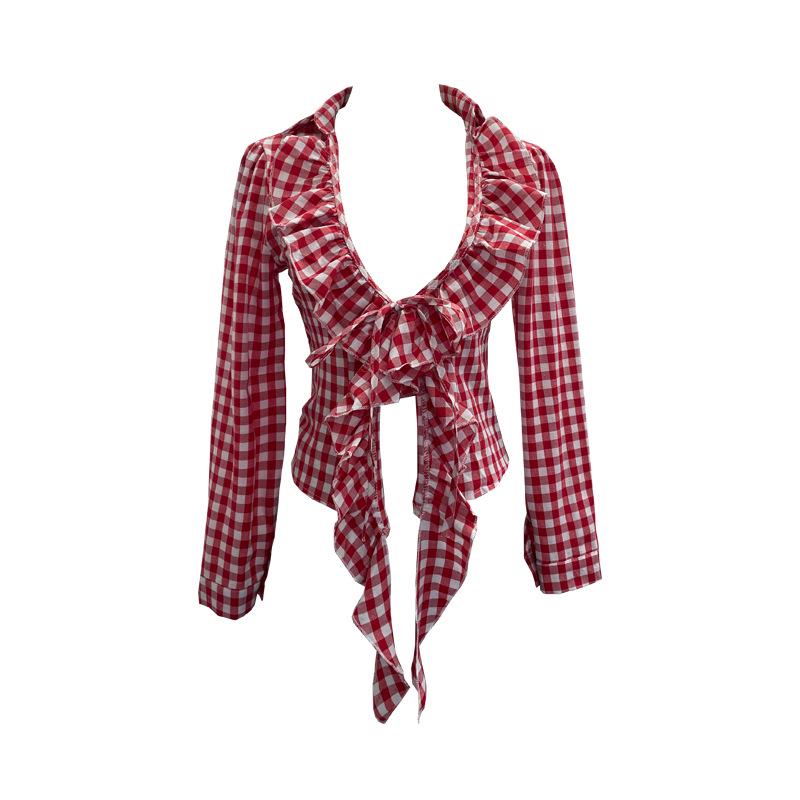 

Spicy Spring-Autumn Ruffle Lace-up Low-Cut Cardigan One Size червоний