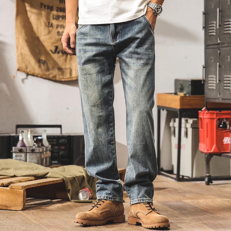 JIELEINUO Men's Loose Fit Straight-Leg Washed Jeans