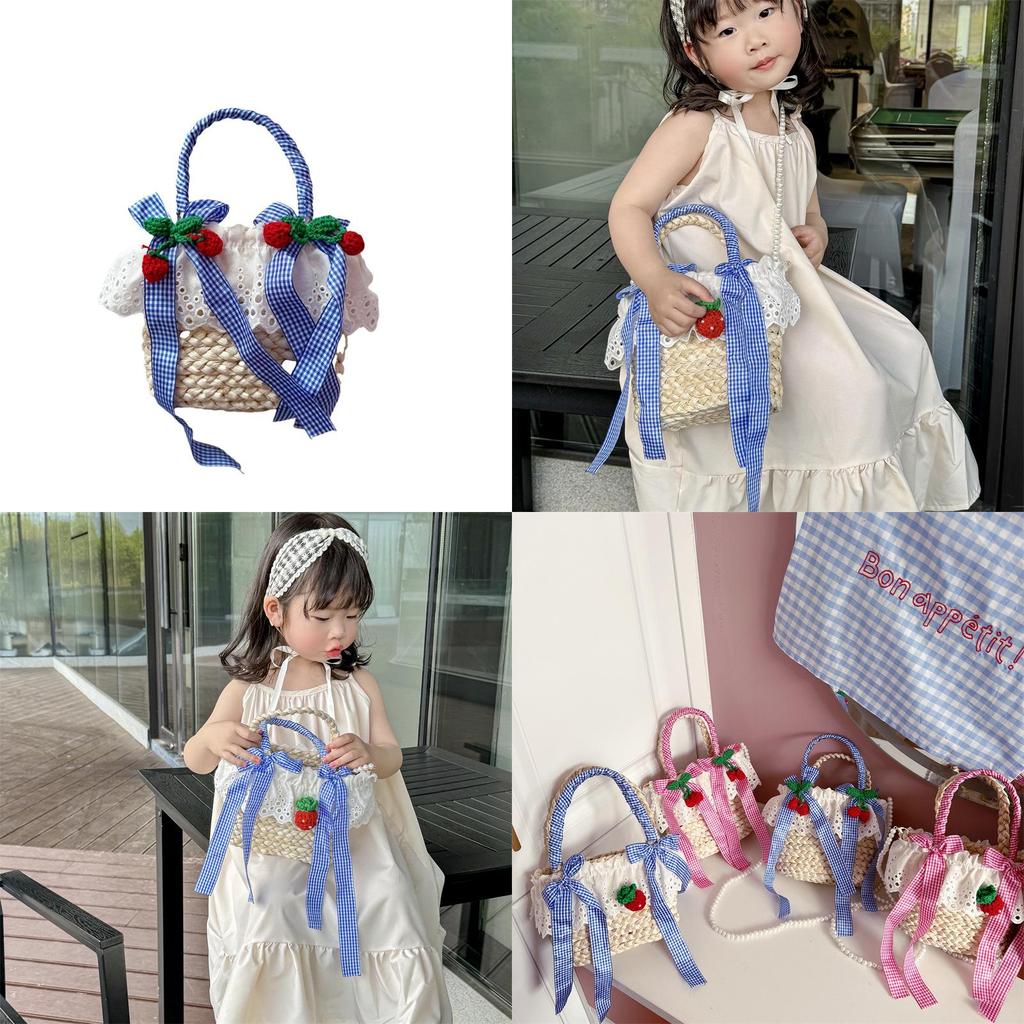 Charming Breathable Straw Woven Kids Crossbody Bag In Cute Strawberry And Cherry Styles