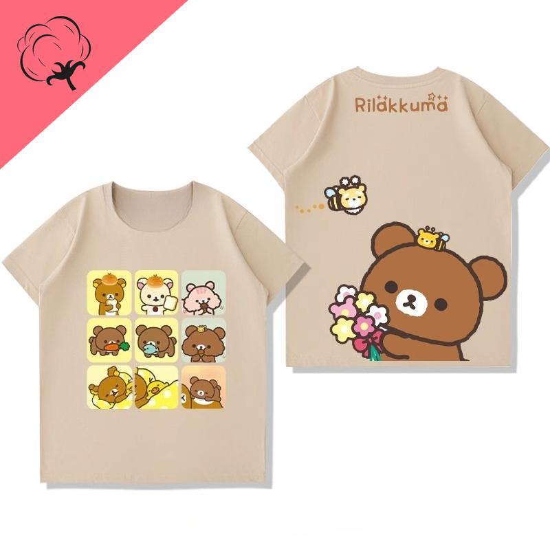 Anime Shirt Rilakkuma Cartoon Cotton Crewneck Casual Kawaii Unique Printed Tee Boy Girl Cute Style Camisa Y2k Clothes Women Tops