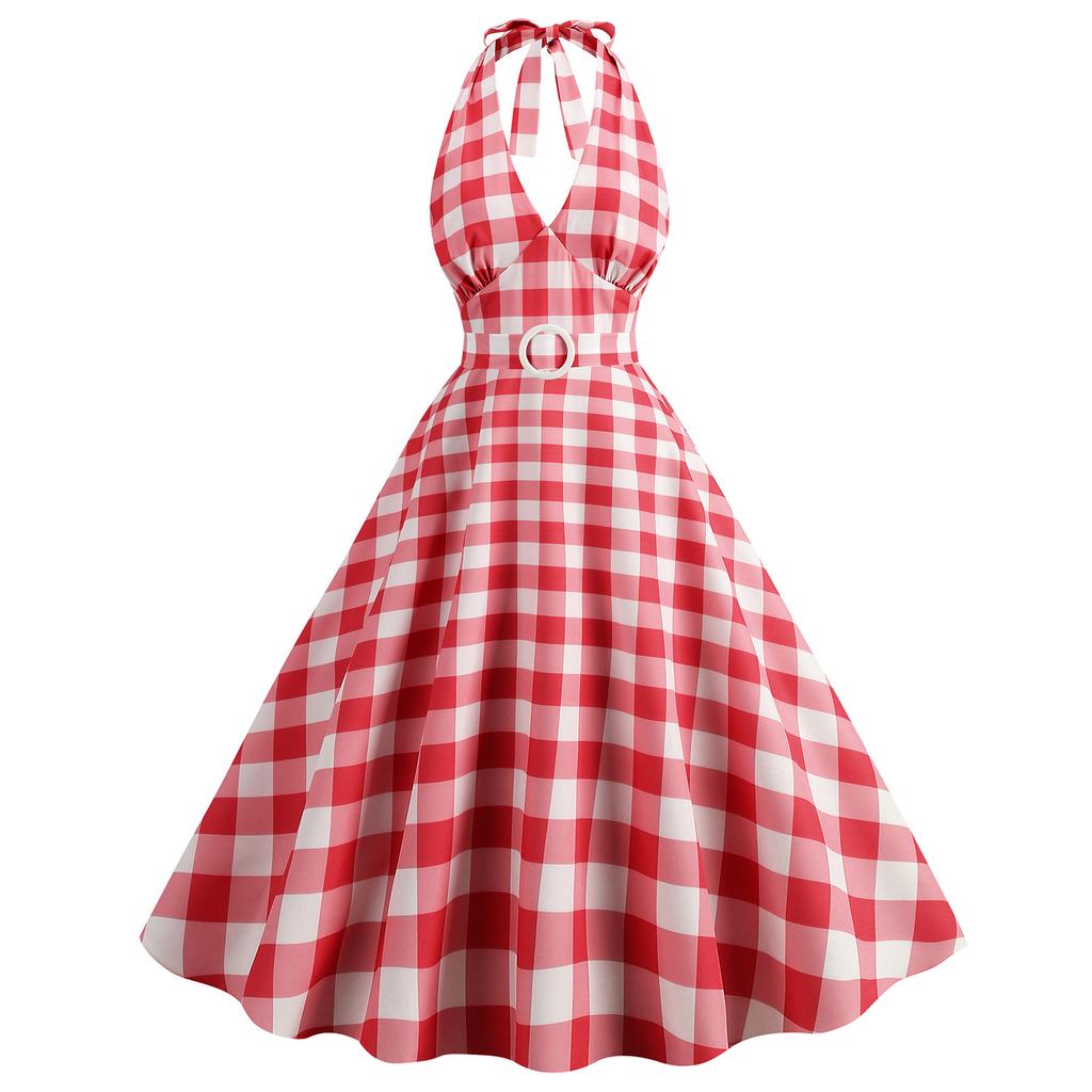 Women's Retro Hepburn-Style Dress With Patchwork Plaid Hem And Large Skirt