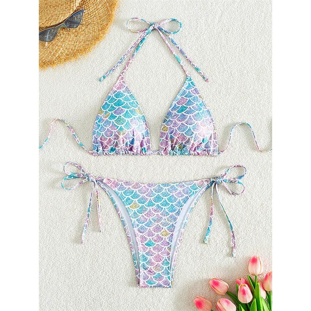 XS - L Bedruckter Neckholder Bikini mit hohem Beinausschnitt Damen Bademode Damen Badeanzug Zweiteiliges Bikini-Set Badesachen Badeanzug Swim K5302