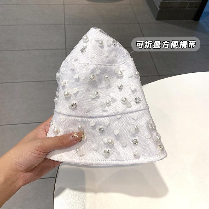 Full Diamond Pearl Thin Fisherman Hat Children Summer Outdoor Sunshade Sun Protection Hat Ins Wind Beach Travel Basin Hat