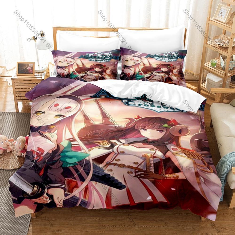 Cool Naval Anime Azur Lane All Ship Girls Character Print Duvet Cover + 2 Pillowcases Soft Microfiber Gamer Room Bedding Home Te