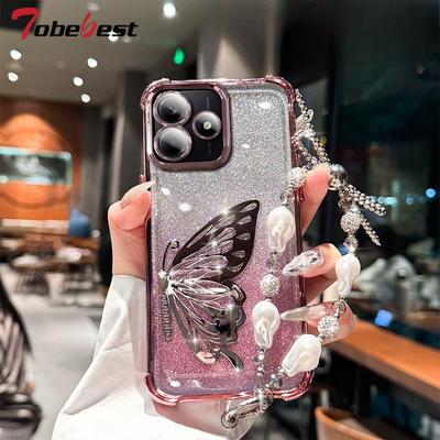 Laser Butterfly Shockproof Plating Glitter Bracelet Case for Xiaomi Redmi Note 15 15C 14 14C 13 13C 12 11 Pro Plus 4G 5G Cover