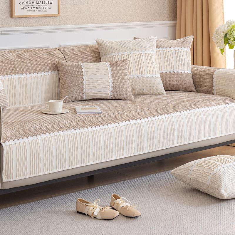 Cremefarbenes Sofakissen im Vier-Jahreszeiten-Stil, universeller Vollbezug, Handtuch, komplett eingewickelter Bezug, Waffelmuster, hochwertiges Sofakissen, rutschfest