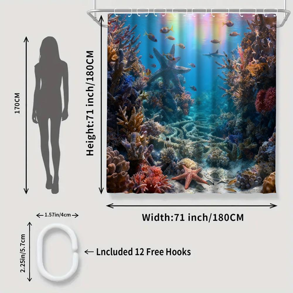 1/4 Marine Organisms Print Shower Curtains, Toilet Seat Decoration, Shower Curtain with Carpet and Toilet Lid, 70.8x70.8 Inch