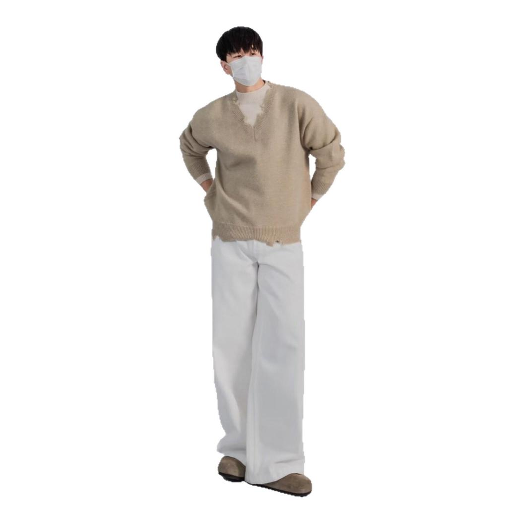 Men's Casual Knit Sweater Coat: Trendy Frayed Faux Two-Piece Design for Autumn/Winter, American Brand, Lazy Style.