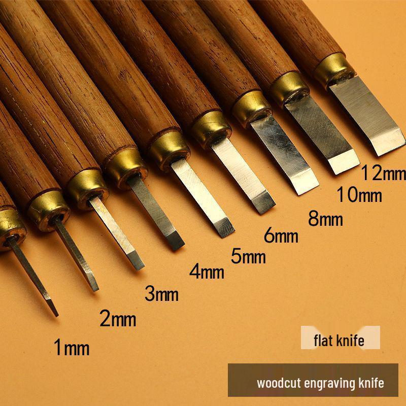 Set cuțit de sculptură în lemn: Lame plate, rotunde, bizotate pentru gravură manuală pe bloc de lemn