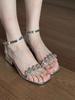 Fairy wind silver word with cool slippers 2025 women's summer with skirt thick heel middle heel fashion flash rhinestone sandals