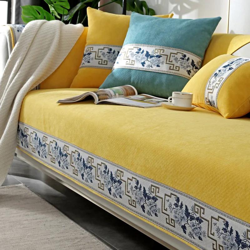 Chinese Style Chenille Sofa Cover Four Seasonal Universal Solid Wood Sofa Seat Cushion Solid Color Anti Slip Couch Cushion Cover