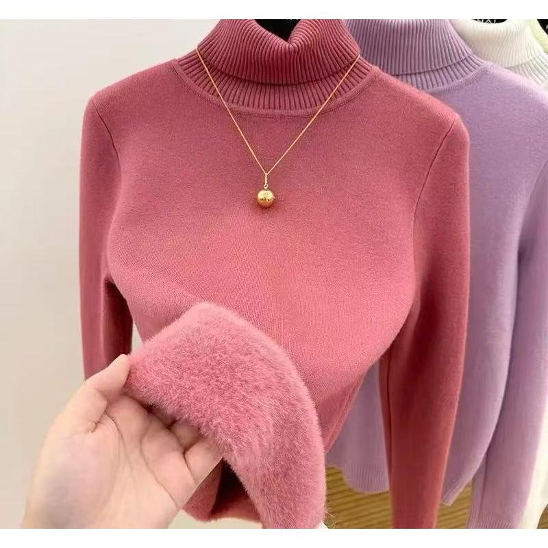 Winter High Collar Solid Color Velvet Warm Bottomed Sweater Women Simple All-match Knitting Pullover Top