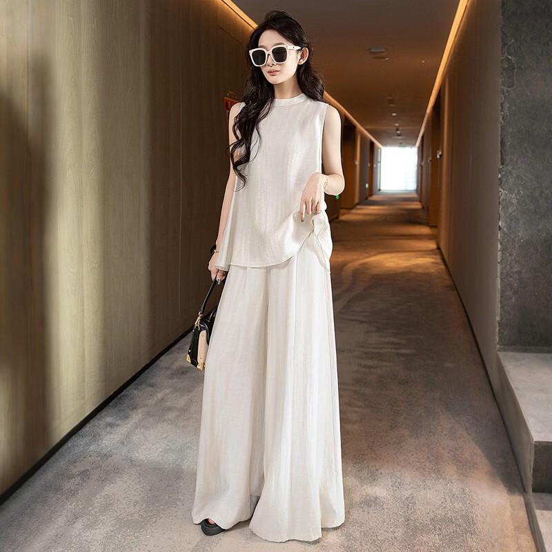 Women's Linen Blend Two-Piece Set with Loose Top & Wide-Leg Pants